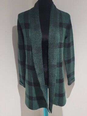 Camber & Grace Women's Open-Front Green & Black Plaid Sweater Cardigan XS Cozy
